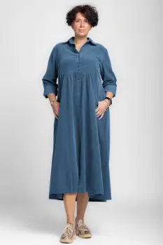 Rochie camasa albastru jeans din catifea reiata, taiata in talie imagine