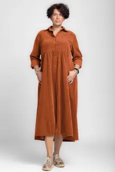 Rochie camasa caramizie din catifea reiata, taiata in talie imagine