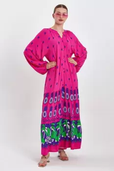 Rochie camasa cu imprimeu, pe fond fucsia, din vascoza imagine