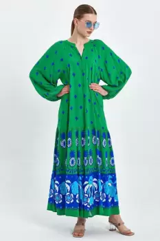 Rochie camasa cu imprimeu, pe fond verde, din vascoza imagine