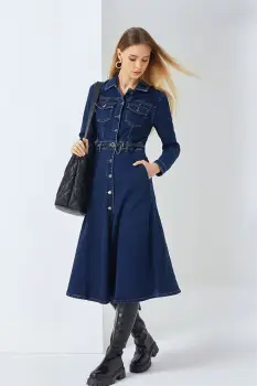 Rochie camasa din blug denim cu guler camasa si taietura in talie imagine