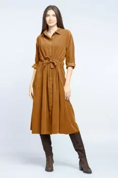 Rochie camasa din catifea reiata cu cordon in talie, camel imagine