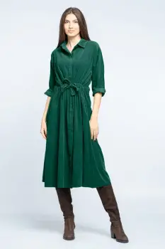 Rochie camasa din catifea reiata cu cordon in talie, verde imagine
