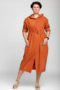 Rochie camasa din catifea reiata cu gluga si siret in talie, caramizie imagine