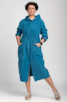 Rochie camasa din catifea reiata cu gluga si siret in talie, turcoaz imagine