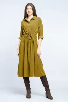 Rochie camasa din catifea reiata, galben mustar, cu cordon in talie imagine