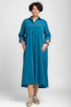 Rochie camasa din catifea reiata, taiata in talie, turcoaz imagine