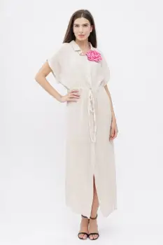 Rochie camasa, din in, cu snur in talie, bej imagine