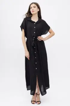 Rochie camasa, din in, cu snur in talie, neagra imagine