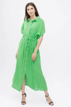 Rochie camasa, din in, cu snur in talie, verde deschis imagine