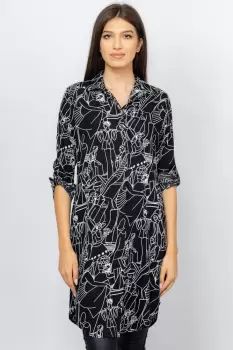 Rochie camasa, neagra, midi, cu imprimeu grafic alb imagine