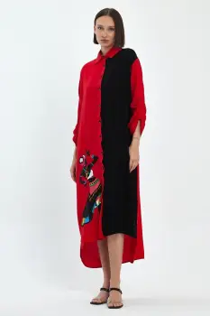 Rochie camasa oversize rosu-negru cu broderie silueta fata africana, din vascoza imagine