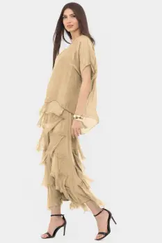 Rochie camel deschis din matase naturala cu volane franjurate suprapuse imagine