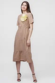 Rochie camel din in cu volane si bust petrecut imagine