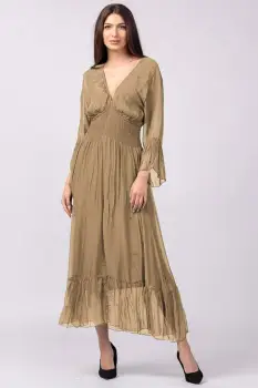 Rochie camel din matase naturala cu banda elastica in talie si volane imagine