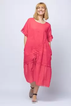 Rochie casual corai din in, cu siret oblic si volan la maneci imagine
