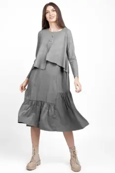 Rochie catifelata suprapusa, cu puloveras in colturi cu nasturi mari, gri imagine