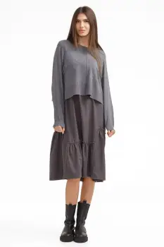 Rochie catifelata suprapusa, cu puloveras petrecut la spate, gri imagine