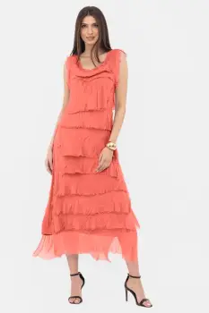 Rochie corai din matase naturala cu volane franjurate suprapuse, fara maneci imagine