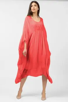 Rochie corai in colturi, lunga, ampla, din matase naturala, cu detaliu sub bust imagine