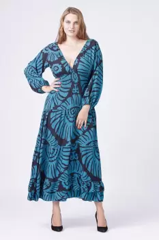 Rochie cu banda elastica in talie si volane, imprimeu turcoaz-negru imagine