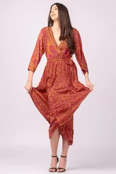 Rochie cu bust petrecut, din matase indiana, cu imprimeu oriental portocaliu-fucsia imagine