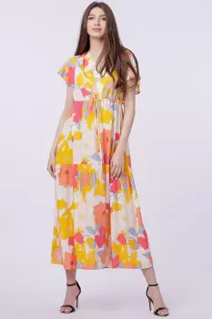 Rochie cu bust petrecut si imprimeu floral pe fond galben imagine