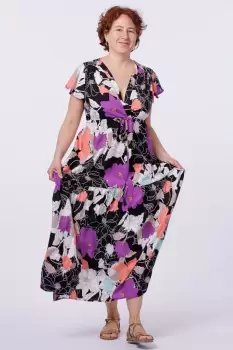 Rochie cu bust petrecut si imprimeu floral pe fond negru imagine