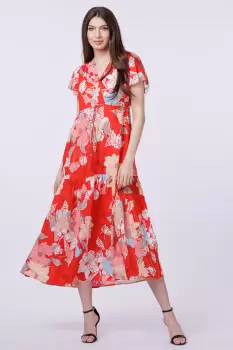 Rochie cu bust petrecut si imprimeu floral pe fond rosu imagine