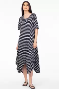 Rochie cu colturi rotunjite, din tricot de vascoza, imprimeu dungi alb-bleumarin imagine