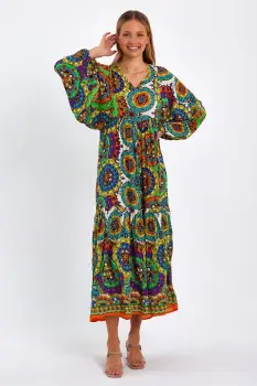 Rochie cu imprimeu mandale si maneci bufante, din vascoza, cu portocaliu imagine