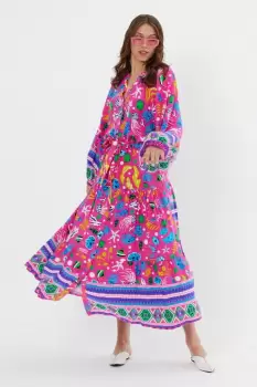 Rochie cu imprimeu marin pe fond fucsia, din vascoza imagine