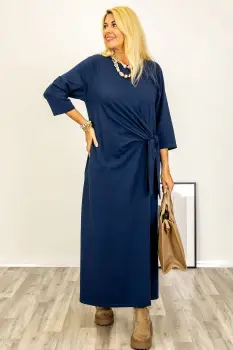 Rochie cu nod intr-o parte, din jerseu de bumbac bleumarin imagine