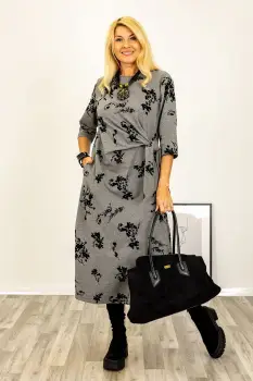 Rochie cu nod intr-o parte imprimata cu flori embosate si catifelate, din jerseu de bumbac gri imagine