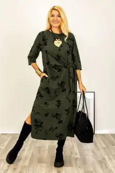 Rochie cu nod intr-o parte imprimata cu flori embosate si catifelate, din jerseu de bumbac kaki imagine