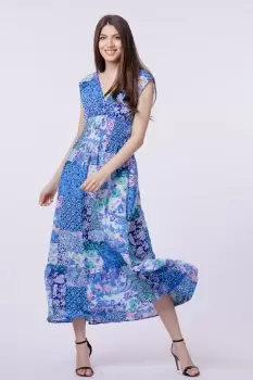 Rochie cu talia evidentiata si bust petrecut, imprimeu floral albastru imagine