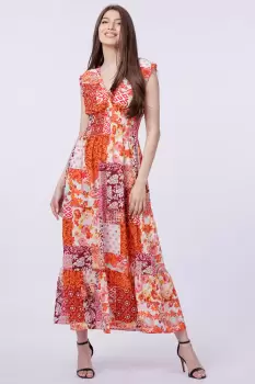 Rochie cu talia evidentiata si bust petrecut, imprimeu floral portocaliu imagine