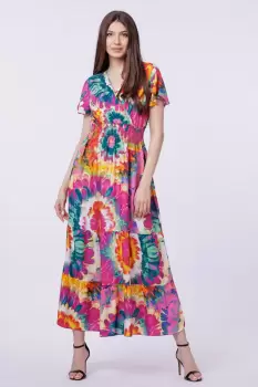 Rochie cu talia evidentiata si bust petrecut, imprimeu floral predominant fucsia imagine