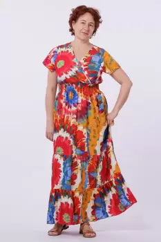 Rochie cu talia evidentiata si bust petrecut, imprimeu floral predominant rosu imagine