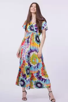 Rochie cu talia evidentiata si bust petrecut, imprimeu floral predominant turcoaz imagine