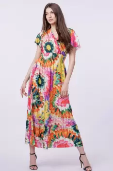 Rochie cu talia evidentiata si bust petrecut, imprimeu floral predominant verde-portocaliu imagine