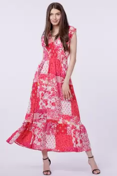 Rochie cu talia evidentiata si bust petrecut, imprimeu floral rosu imagine