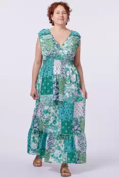 Rochie cu talia evidentiata si bust petrecut, imprimeu floral verde imagine