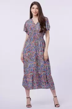 Rochie cu talia evidentiata si bust petrecut, imprimeu paisley pe fond albastru imagine