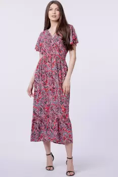 Rochie cu talia evidentiata si bust petrecut, imprimeu paisley pe fond rosu imagine