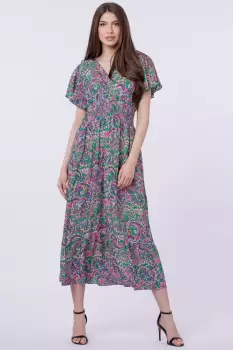 Rochie cu talia evidentiata si bust petrecut, imprimeu paisley pe fond verde imagine