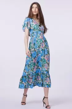 Rochie cu talia evidentiata si bust petrecut si imprimeu cu flori albastre-roz imagine