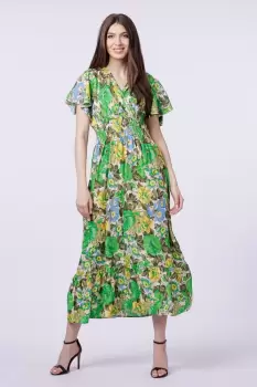 Rochie cu talia evidentiata si bust petrecut si imprimeu cu flori verzi imagine