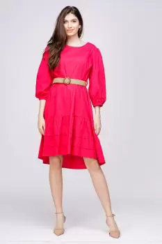 Rochie cu volan si curea din poplin de bumbac, fucsia imagine