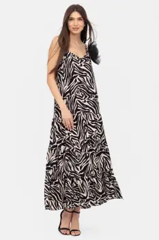 Rochie cu volane si bretelute, lunga, animal print alb-negru imagine